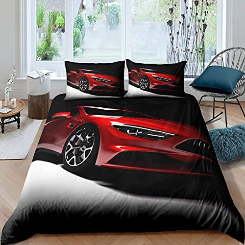 Teens Race Car Trösterbezug Speed Sports Car Red Automobile Extreme Sport Theme Bettwäsche Set Dekorativer 2 Stücke Bettbezug mit 1 Kissenbezug 135x200 für Kinder Jungen Erwachsene Herren