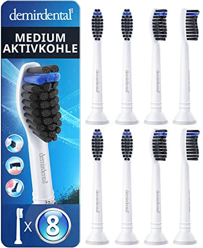 8er demirdental Aktivkohle Aufsätze passend für Philips Sonicare Ersatzbürsten, Medium Bürstenköpfe für natürliche Reinigung, Weiß, entspricht HX9058m