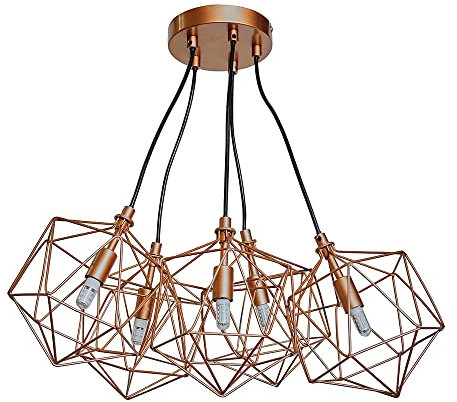 MiniSun | Industrial 5 Way Geometric Copper Wire Basket Cage Ceiling Pendant Light Fitting | Pendant Lights, Home Décor & Improvement Essential | Includes Bulb | Includes Full Wired Fitting