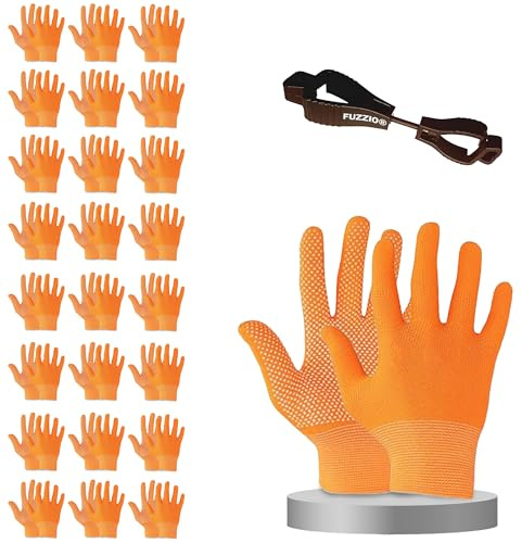 FUZZIO Arbeitshandschuhe mit Noppen, 24 Paar, für leichte Arbeiten mit Handschuh-Klammern (L/9, Orange)