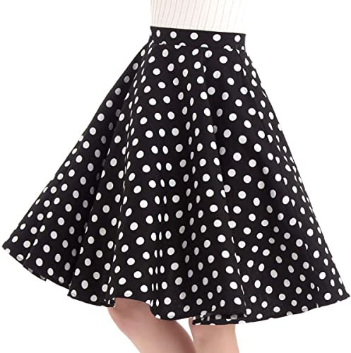 Damen Polka Dot Vintage Swing Rock 1950er Jahre Midirock Cocktail Abendkleid Kirsche Blumendruck Sommerrock A-Linie Empire-Taille Röcke Knielänge Tellerrock Schwarz S