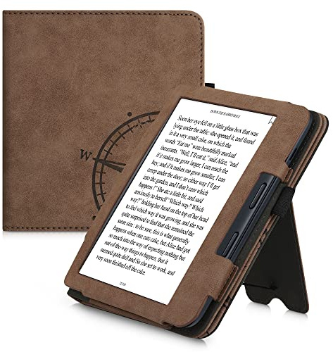 kwmobile Flip Hülle kompatibel mit Kobo Libra 2 - Cover Handschlaufe - Kompass Vintage Braun
