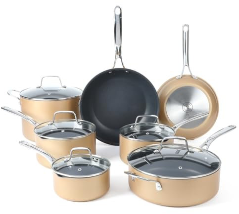 Martha Stewart 12-teiliges Kochgeschirr-Set aus schwerem Aluminium, harteloxiert, Premium-Antihaftbeschichtung, induktionssicher, Kupfer mit schwarzer Innenseite