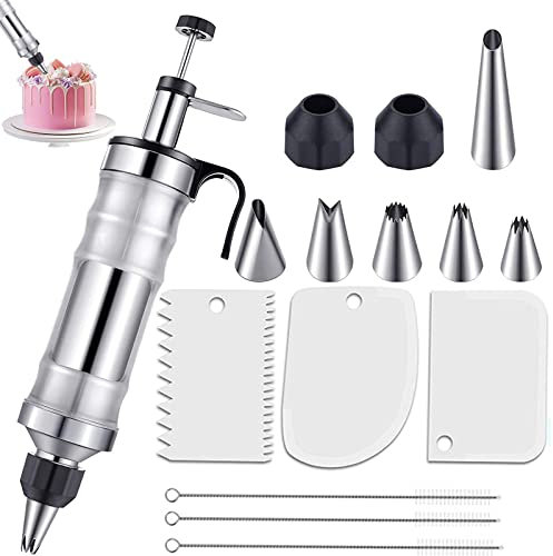 Cake Decorating Pen, Icing Syringe Cake Decorating Kit, Stainless Steel Icing Decoration Tips Dessert Decorator Piping Set, DIY Frosting Baking Tools with Cream Scraper, and 6PCS Syringe Nozzles