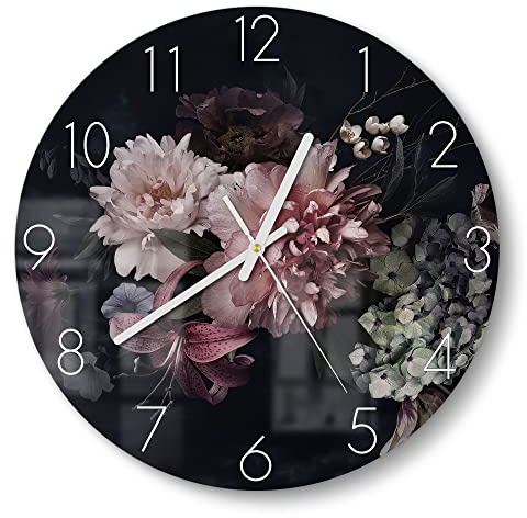 DEQORI Glasuhr | rund Ø 30 cm | Motiv Blühende Pracht | ausgefallene leise Design Uhr aus Glas | Wanduhr für Wohnzimmer & Küche | moderne Hingucker Uhr für die Wand
