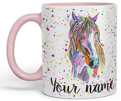 Vixar Personalised with Your Text Horse Farm Animals Watercolour Art Coloured Ceramic Mug Cup Gift 330ml 11oz Custom Work Office Tea Coffee (Pink)