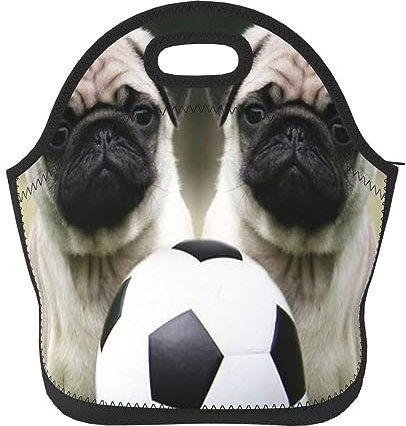 Lonchera de neopreno para mujeres y hombres, perros carlino con balón de fútbol, lonchera aislada portátil, bolsa de almuerzo reutilizable, lavable, lonchera de viaje, picnic, camping