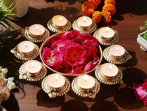 R Ayurveda Copper Metal Decorative Metal Diya Traditional Diya Urli Tealight Holder Golden Bowl for Floating Flowers Home,Office Wedding Decor (Size 10 Inches) with Gift Box