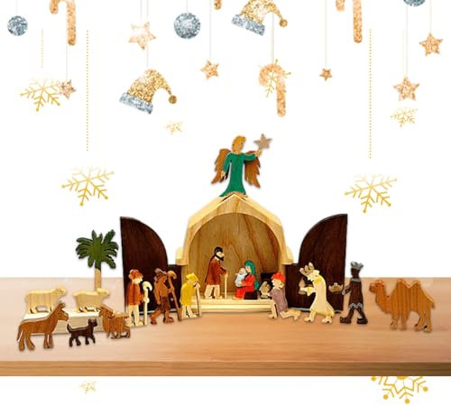 Aizuoni Krippenset Aus, Krippenszene Mit Jesuskind Maria Und Josef-Tischdekoration Für Das Wohnzimmer Im Bauernhaus, Auferstandener Christus Krippen-Set