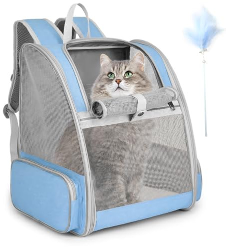 Cat Backpack Carrier, Small Dog Carrier Backpack with Fully Ventilated Mesh, Kitten Wand Feather Toy & Safety Leash, Collapsible Travel Hiking Pet Carrier for Small Dogs Cat Puppy Kitten Bunny (Blue)