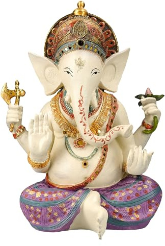 Figuren Shop GmbH Erhabene Ganesha Skulptur, Handbemalt, Symbol der Weisheit, Kunststein, 38cm hoch, Dekorativ Hindu-Gott