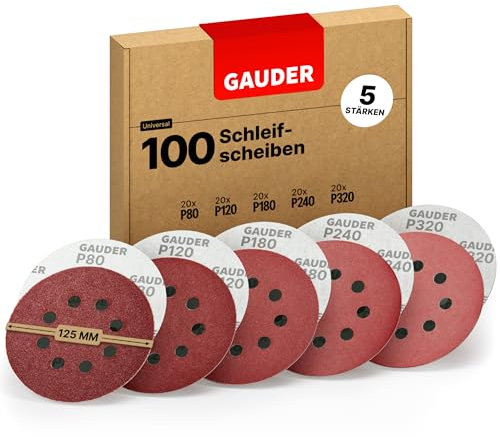 GAUDER Schleifscheiben Set für Exzenterschleifer Ø 125mm - Schleifpapier Klett - 8 Loch Schleifblätter rund - Schleifpads (100 Stück - je 20x 80/120/180/240/320 Körnung)