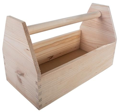 WooDeeDoo Large Wooden Trug Tool Box Caddy with Handle – Medium Duty Unfinished Pine Storage Tote - Vegetable Basket Gardening Tools Carrier Crafts DIY Shed Garage Use – 42x21x25 cm