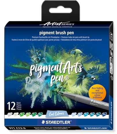 STAEDTLER 371 C12-6 Pigment Arts Brush Pen - Assorted Cool Colours (Pack of 12)