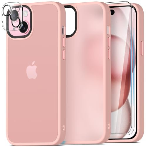 Mootobo für iPhone 15 Hülle, 4 in 1 Handyhülle iPhone 15 mit 2 Stück Schutzfolie +1 Stück Kameraschutz, Military Grade Stoßschutz mit Anti-Fingerprint Matte Rückseite 6,1 Zoll-Rosa
