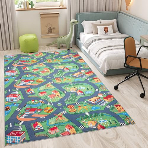 TAPISO Flannel Teppich rutschfest Bunt Grün Grau Kurzflor Waschbar Stadt Straßenteppich Kinderteppich Kinderzimmer Spielteppich ÖKOTEX 200 x 300 cm
