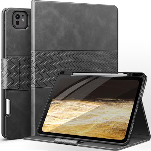 AUAUA Hülle für iPad Pro 13 Zoll M4 (2024), PU Leder Schutzhülle mit Stifthalter, Unterstützt Apple Pencil Pro/USB-C, Auto Schlafen/Wachen (Grau)