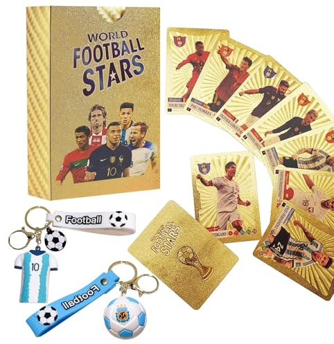 STEPRITP Fußball Star Karte, 55pcs Goldfolien Karten Fußballkarten 2 Stücke Fußball Schlüsselanhänger, Fussball Sammelkarten Packs and Sets FußBallkarten Saison Geeignet für Geburtstagskollektion