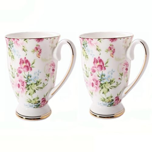 Kaffeebecher 2er set, Blumenmuster Porzellan Kaffeetasse Trinkbecher, 300 ml Knochen China Teetassen mit Griff für Kaffee Tee Milch Cappuccino (A)