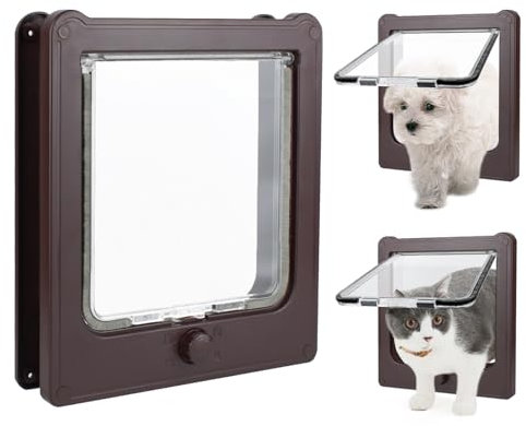 PETLESO Grande gattaiola per porte in legno, porta per gatti con chiusura a 4 vie, facilità di installazione, per porte in legno/porte in PVC/porte interne, marrone