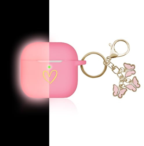 AIIEKZ Kompatibel mit AirPods 4 Hülle, weiche Silikonhülle mit goldenem Herzmuster für AirPods 4. Generation Hülle mit süßem Schmetterlings-Schlüsselanhänger für Mädchen Frauen (Fluoreszierendes Rosa)