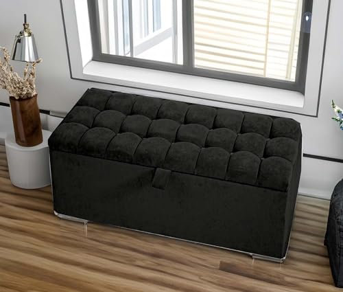 Cubed Ottoman Storage Box -3FT Single Size Crushed Velvet Storage ottoman with Matching Fabric Buttons, Upholstered Pouffe Stool Footstool Bench with Storage (Black Velvet)