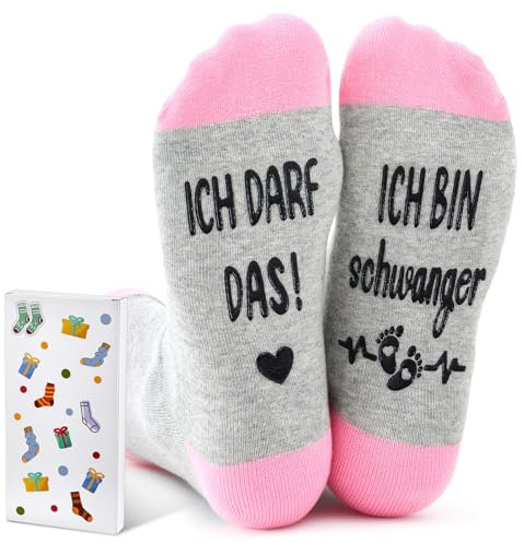 Jadive Schwangerschaft Geschenk Socken ICH BIN SCHWANGER Werdende Mama Geschenk Lustig Geschenke für Werdende Mütter Schwangere Verkünden Weihnachtsgeschenke(Rosa Grau, Baumwolle)