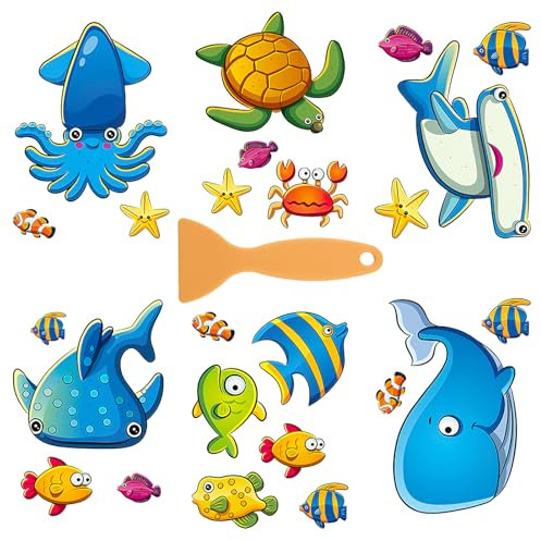 Smomend 24 PCS Grands Autocollants Antidérapants pour Baignoire, Autocollants antidérapants de Bain pour Enfants avec grattoir en Silicone, Stickers de sécurité colorés pour Baignoire, Douche et Plus