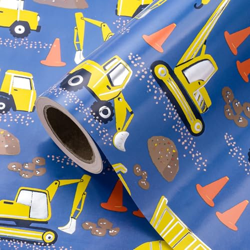 WRAPAHOLIC Geschenkpapierrolle – Mini-Rolle – 43,2 cm x 5,2 m – Silberfolie Bagger Traktor Truck Design perfekt für Kinder Jungen Geburtstag Babyparty