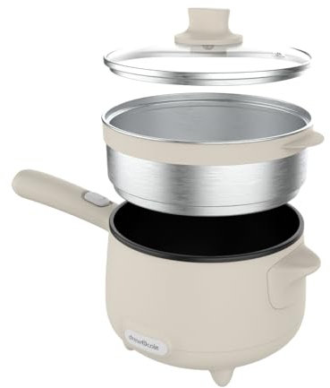 Drew&Cole CleverPot 1.2L Cooking Pot in Cream - Energy Efficient, Compact, Portable & Easy to Use - Serves up to 3 People - 2 Power Settings - Sleek Design - With Glass Lid & Steam Basket - 600W