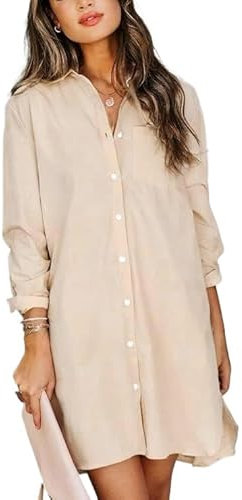 MINTLIMIT Women's Button Down Shirt Dresses Casual Long Sleeve Loose Fit Blouse Shirts with Pockets, Beige