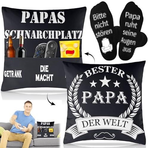 Weihnacht Geschenk für Papa, Originelles Doppelseitige Vatertag Kissenbezug mit 3 Taschen & Lustige Socken mit Spruch für Männer Vatertagsgeschenk Geburtstag Valentinstag