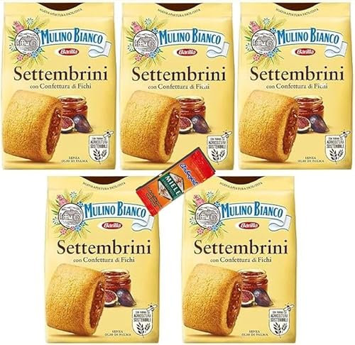 5 X Mulino Bianco Biscotti Frollini Settembrini con Confettura di Fichi, Colazione Ricca di Gusto, 300 g in omaggio una bustina di miele ambrosoli da 6 g