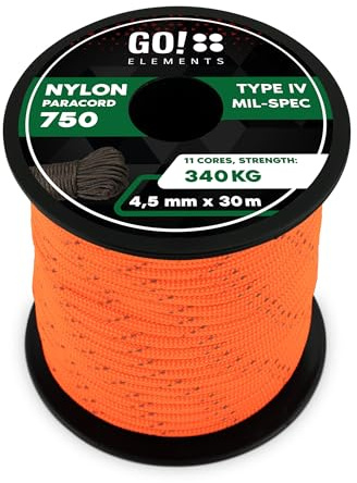 GO!elements Paracord 750 Type IV | Corde en Nylon 100% résistante et extrêmement Stable | ø 4,5 mm - 11 brins - Max. 340 KG | Corde Polyvalente et reepsnoer pour Survie, Camping