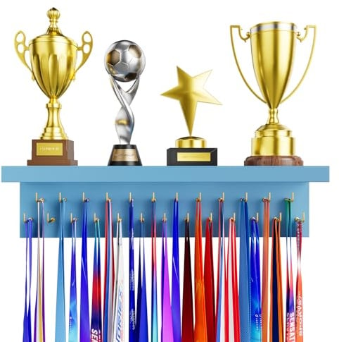 DSVENROLY Medaillenhalter mit Trophäenregal, Stabiler Auszeichnung aufhänger ständer aus Holz mit 25 Stahlhaken, Wandmontage Medal Trophy Display Shelf Organizer für Sportfans