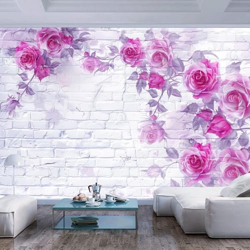 JIAOQSS Wandtapete 3D Effekt Rosa Rose Blume weißer Ziegel Dekorfolie Wandtapete Aufkleber Wandverkleidung Folie für Whon Schlafzimmer Wand und Möbel