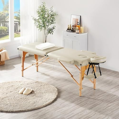 Aspria Massageliege Mobile Massagetisch 2 Zonen Tragebares Massagebett höhenverstellbar Holzfüßen inkl. Kopfstütze & Armlehnen 213 × 82 x 85 cm bis 250 kg Belastbar (Beige)