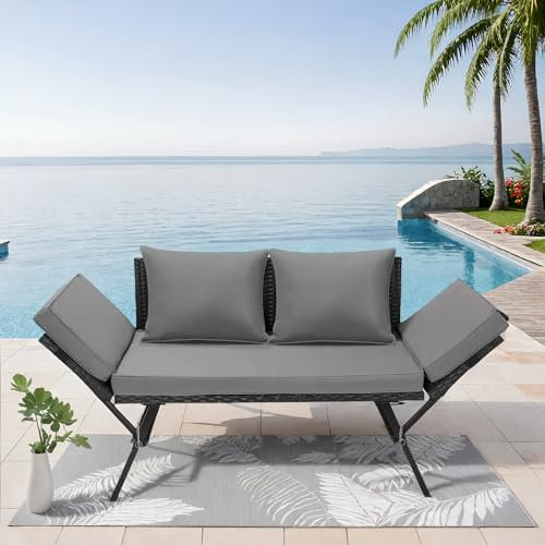 Clevich Gartenbank Polyrattan Wetterfestes, Polyrattan-Möbel 2-Sitze, mit Liegefunktion, Rattan Gartensofa mit Verstellbare Armlehnen, Gartenbank Wetterfest, für Balkon,Terrasse, Garten, Schwarz