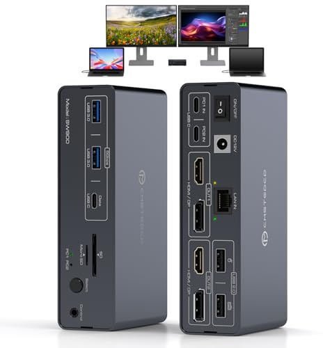 USB C KVM Switch Dockingstation für 2 Montors 2 Laptops oder MacBook mit Displaylink, 14-in-1 Thunderbolt-Dockingstation, unterstützt erweiterten Kopiermodus mit 4K @ 60Hz HDMI und Displayport Dual