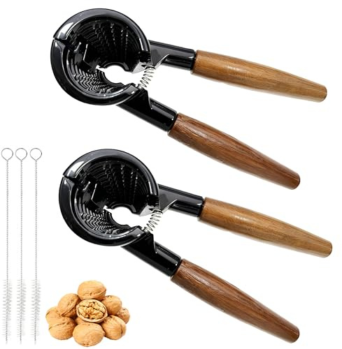 2 Nutcrackers with 3 Cleaning Brushes - Wood Anti-Slip Handle for Easily & Safely Cracking Walnuts, Almonds, Hazelnuts & Hard Shell Nuts