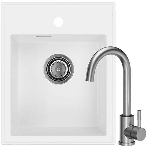 SINK QUALITY Spülbecken Weiß mit Armatur 40x50 cm - Granitspüle Set mit Küchenarmatur, Siphon und Imprägnierung - Spüle ohne Abtropffläche für Unterschränke ab 40 cm Breite