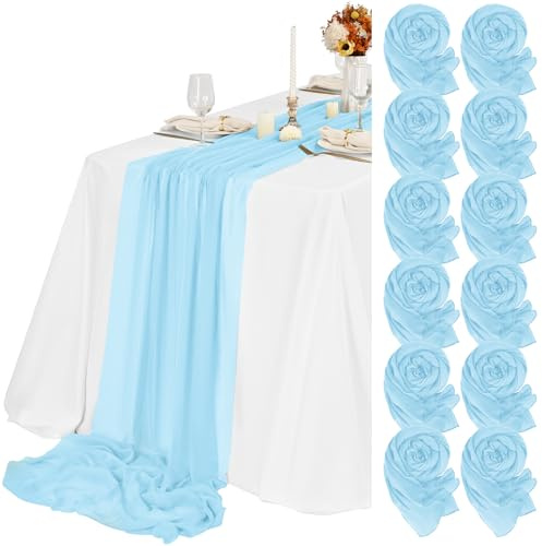 Teruntrue 12 Stück Tischläufer Hellblau 55x300 cm Neuer Natürlicher Weichlook Bohemian-Gaze-Käsetuch-Tischläufer für Hochzeit, Party, Babyfeier, Brautshower, Geburtstag-Dekorationen