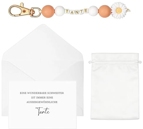 Yuwnd Du Wirst Tante Geschenkset, 4-teiliges Set mit Schlüsselanhänger, Karte, Kartenumschlag und Geschenkbeutel, Geschenk zur Schwangerschaftsverkündung für Schwester, Tante oder Freundin