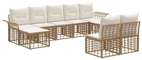 vidaXL Outdoor-Sofagarnitur 9 pcs Natürlich und Cremweiß Polyester, Modularer Outdoor-Sofa-Set, wetterfestes Gartenset, verstellbare Füße, Flexibles Design für Terassensitzpläte