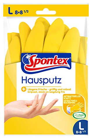 Spontex Hausputz Handschuhe, für alle Putz- und Pflegearbeiten im Haushalt, griffig und robust, innen mit Baumwollbeflockung, Größe L (10 x 1 Paar), Gelb
