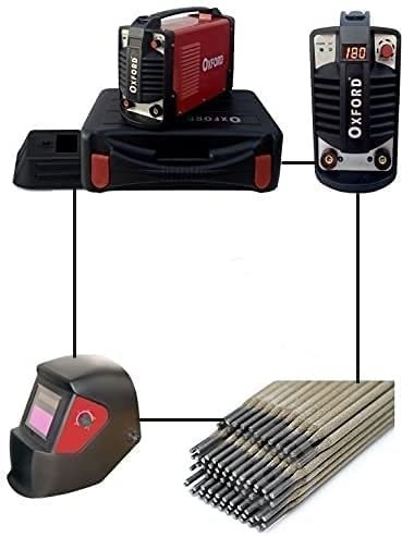 GrecoShop Saldatrice Inverter ad elettrodo 180 Amp - MMA-180 + Maschera/Casco/Elmetto per Saldatura Schermo Cristalli liquidi ad oscuramento Automatico + 100 Elettrodi per Saldatura (cod.:4813)