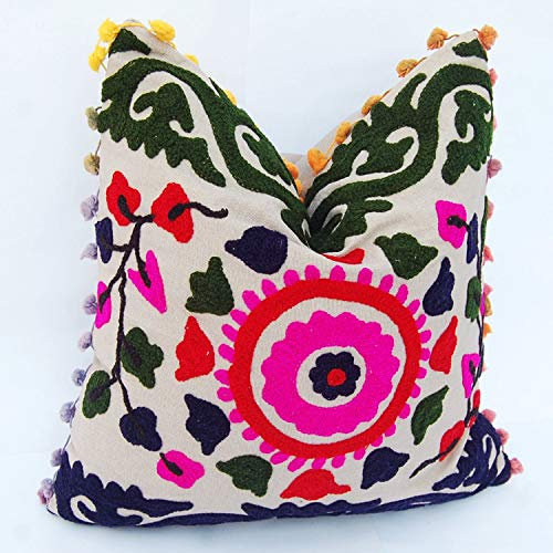 Traditional Jaipur Suzani Kissen, indische Kissenbezug Pom Pom 16 x 16, bestickte dekorative Dekokissen Fall, Baumwolle Outdoor-Kissen, Boho Pillow Shams