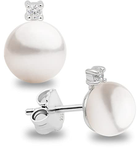 Frauen Perlen Ohrstecker, Süßwasserzuchtperlen Knopfform 7-8 mm mit einem kleinen Zirkonia Stein Secret & You - Hochwertiger Sterling Silber 925 Halterungen mit großen Muttern.