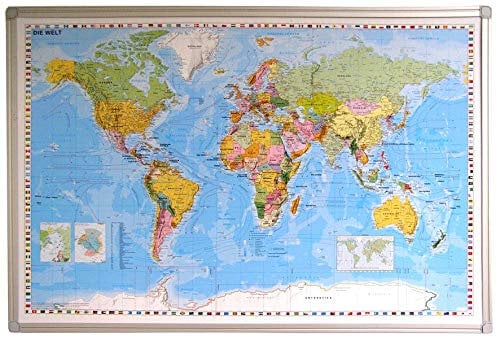 Weltkarte mit Alurahmen DEUTSCH Pinnwand aus Kork, ca. 59 cm (Höhe) x 89 cm (Länge) Worldmap