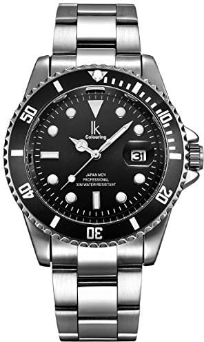 Alienwork Orologio Uomo Donna Argento Bracciale in Acciaio Calendario Data Nero Elegante